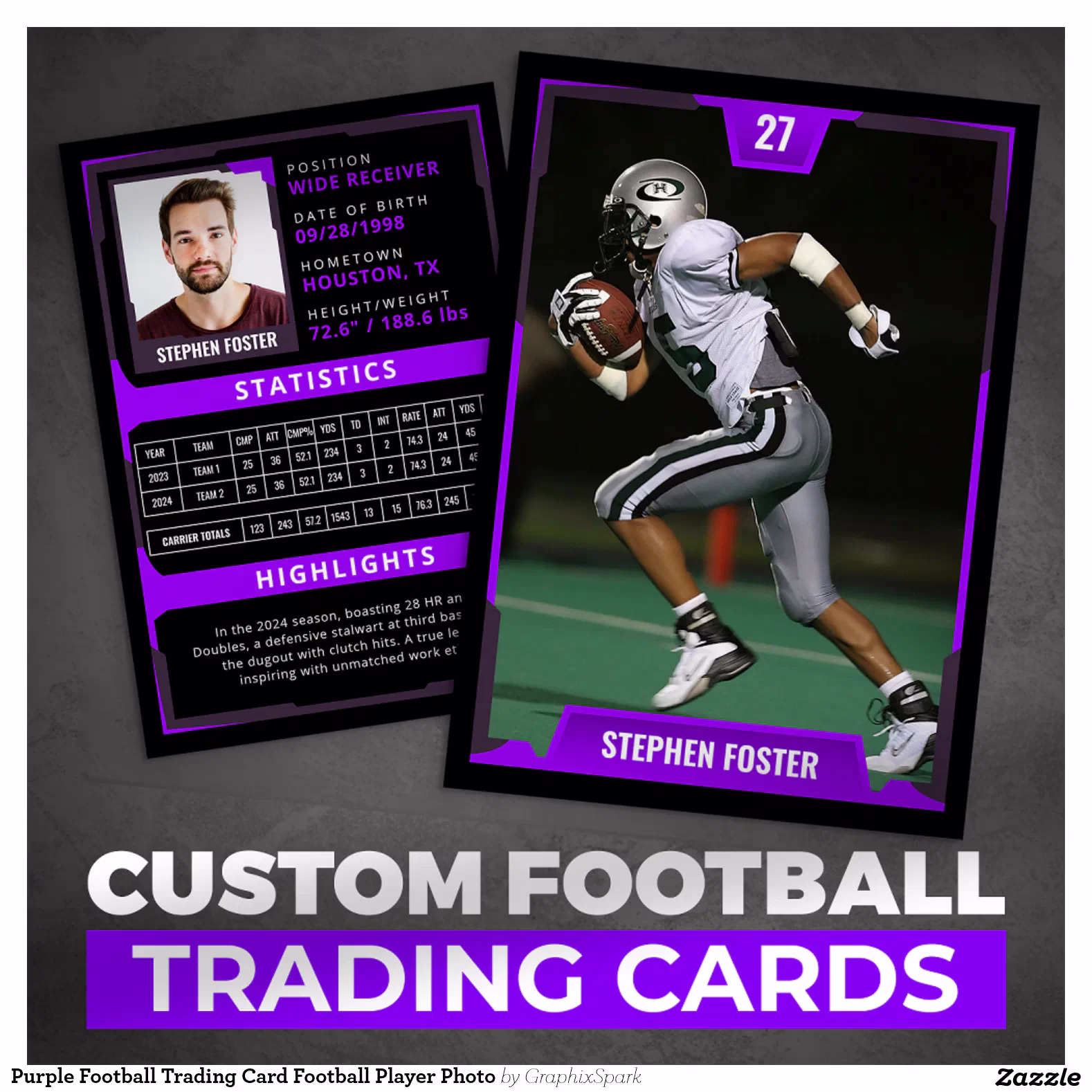 Purple Football Trading Card Football Player Photo