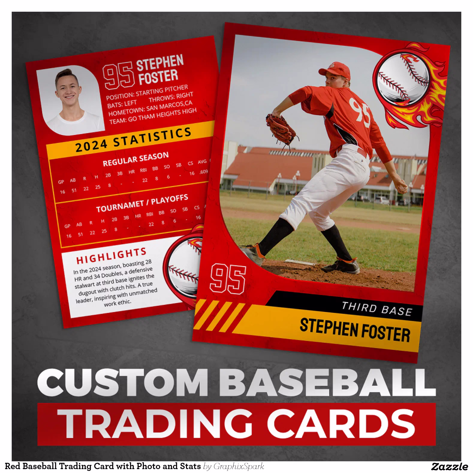 Red Baseball Trading Card with Photo and Stats