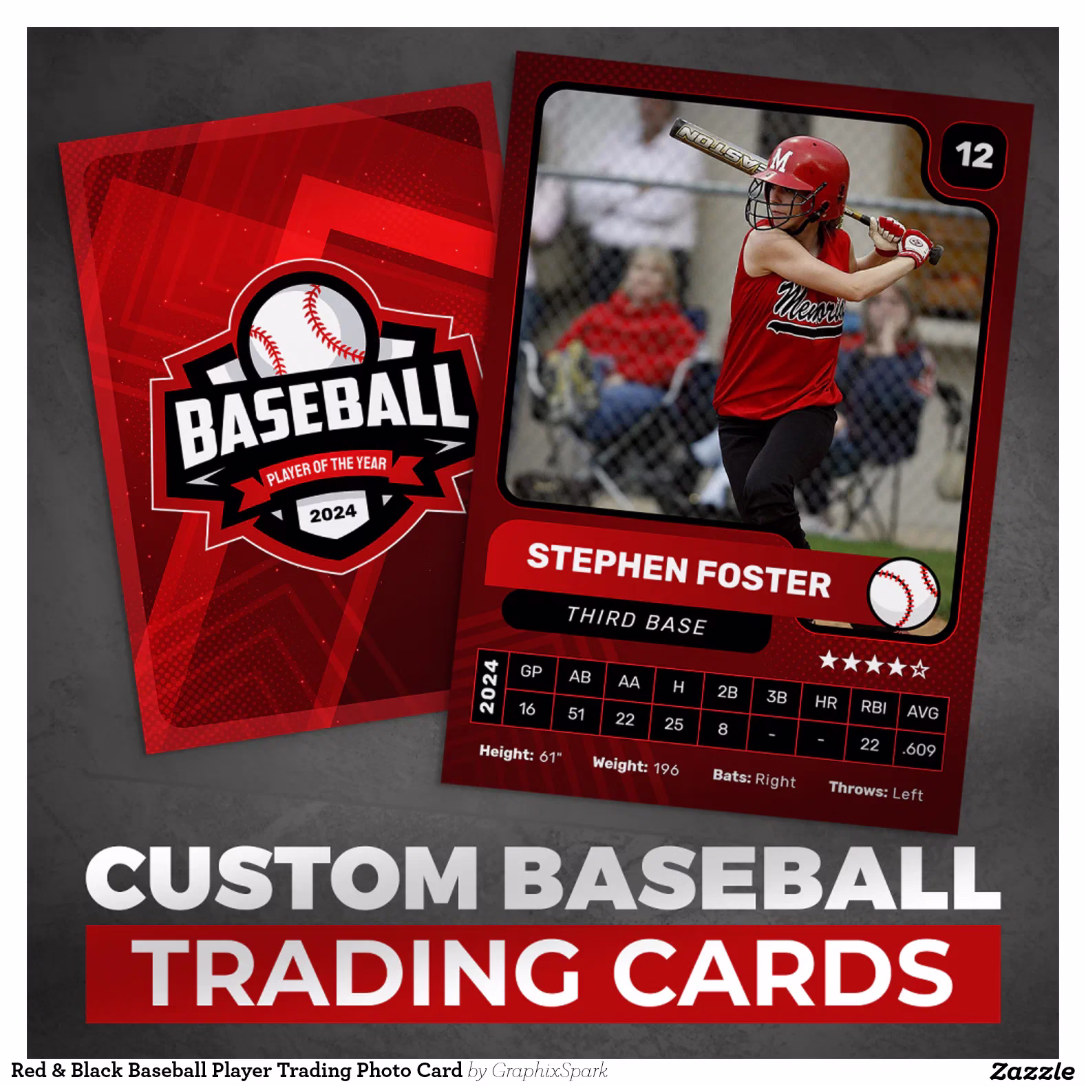 Red & Black Baseball Player Trading Photo Card