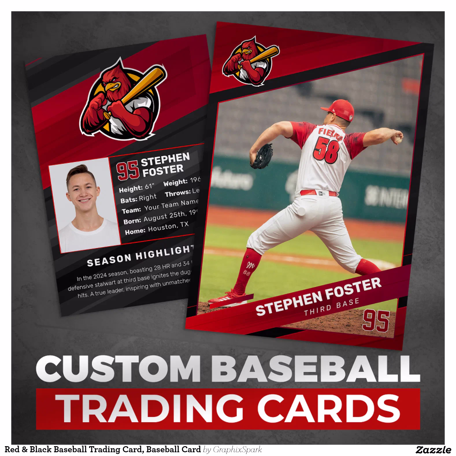 Red & Black Baseball Trading Card, Baseball Card
