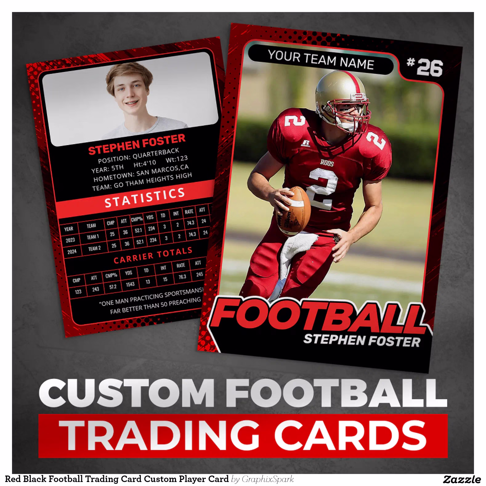 Red Black Football Trading Card Custom Player Card