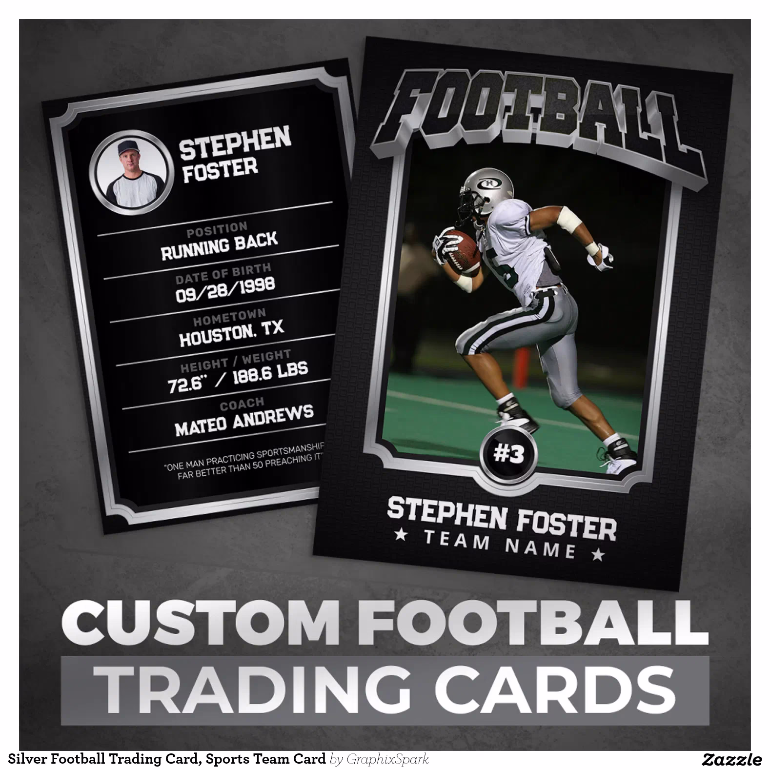 Silver Football Trading Card, Sports Team Card
