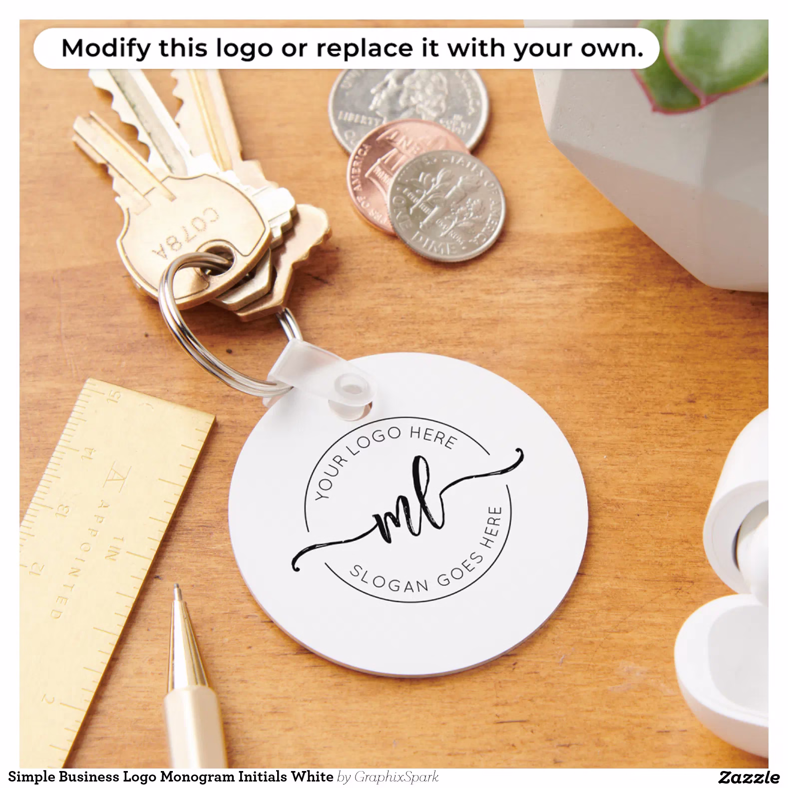 Simple Business Logo Monogram Initials White Keychain