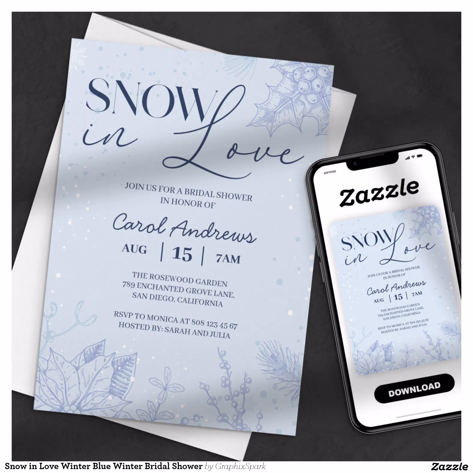 Snow in Love Winter Blue Winter Bridal Shower Invitation