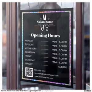 Stylish Rainbow Glitter Hair Salon Opening Hours Window Cling