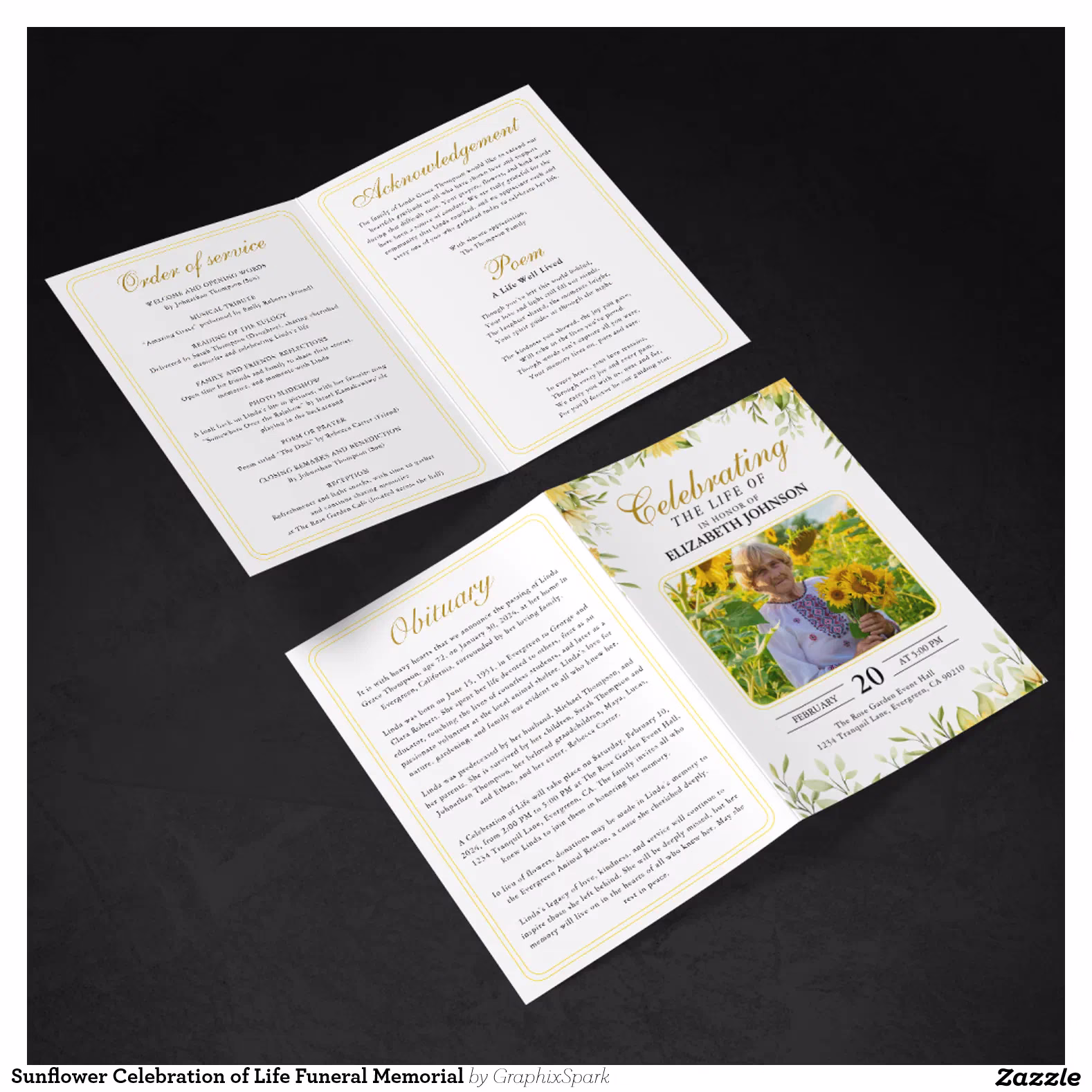 Sunflower Celebration of Life Funeral Memorial Program