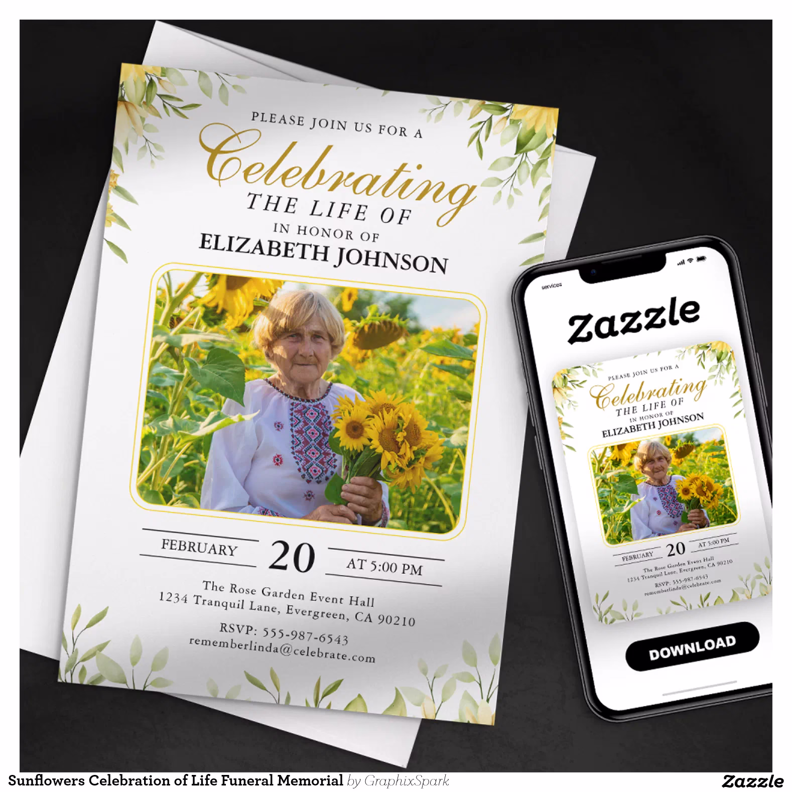 Sunflowers Celebration of Life Funeral Memorial Invitation