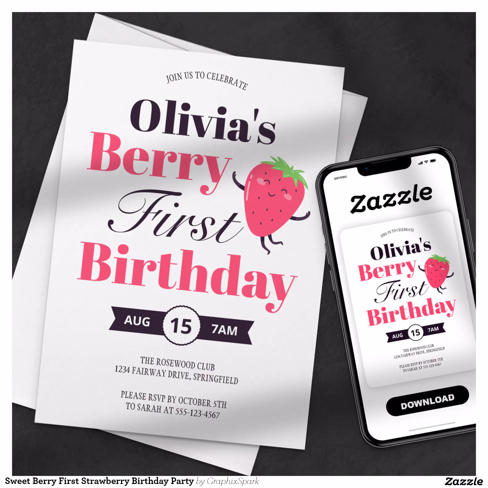 Sweet Berry First Strawberry Birthday Party Invitation