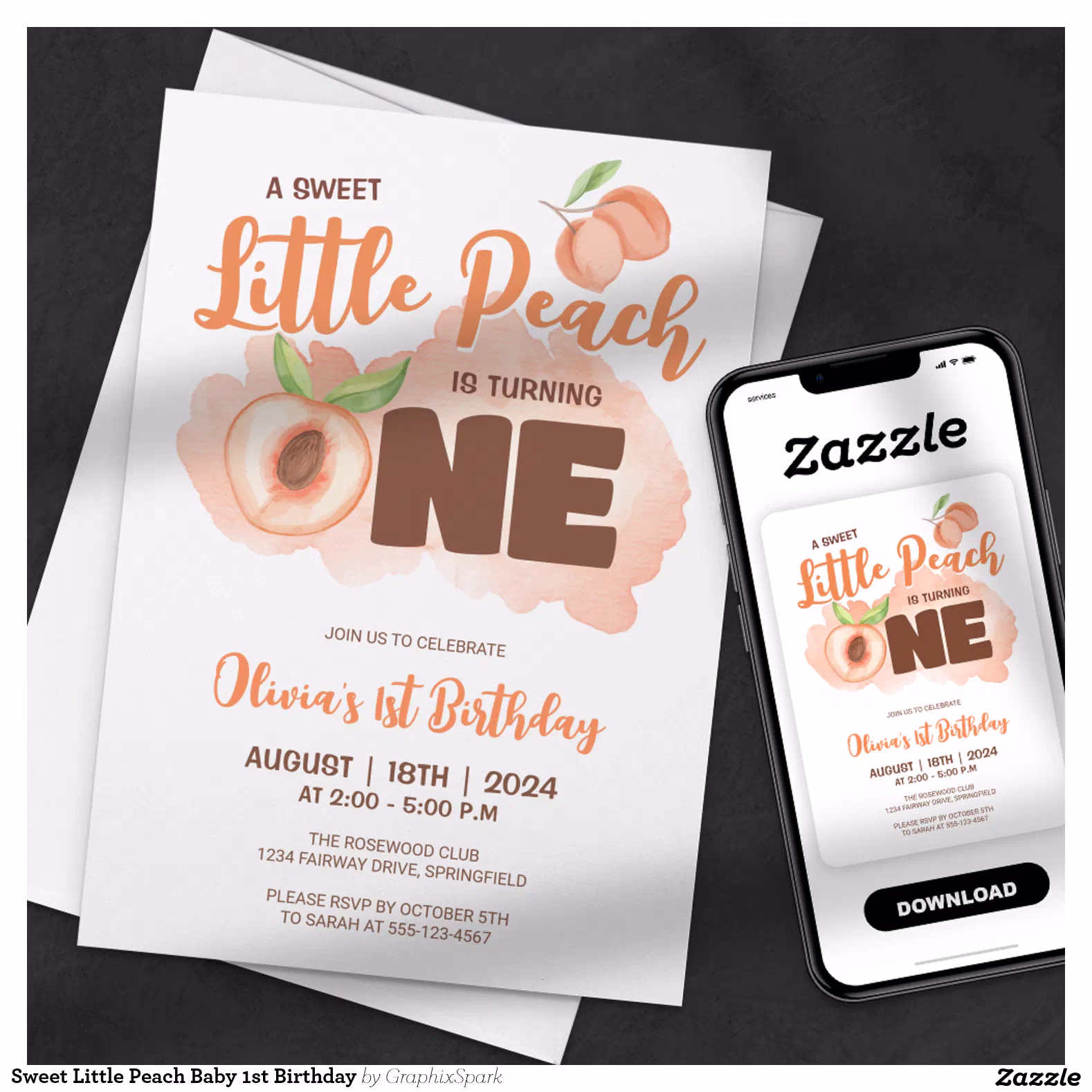 Sweet Little Peach Baby 1st Birthday Invitation