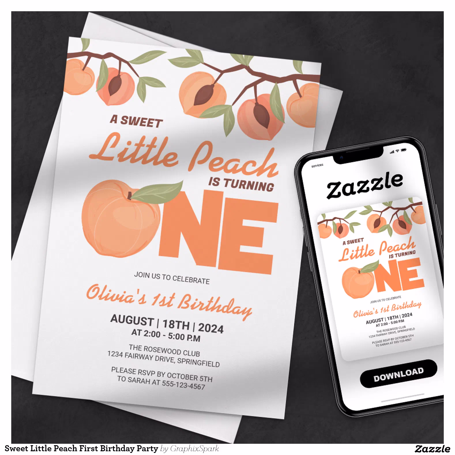 Sweet Little Peach First Birthday Party Invitation