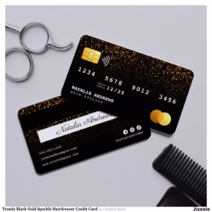 Trendy Black Gold Sparkle Hairdresser Credit Card