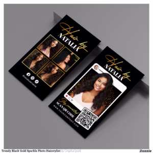 Trendy Black Gold Sparkle Photo Hairstylist Business Card