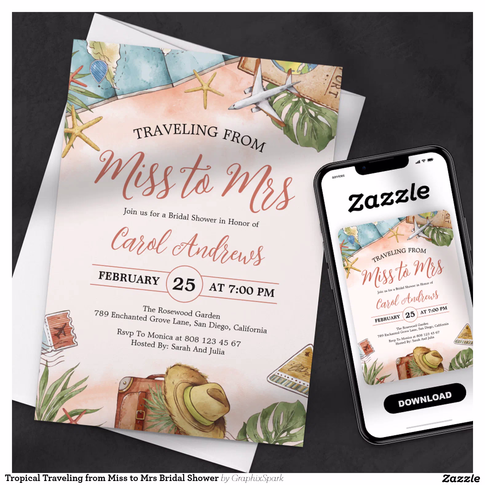 Tropical Traveling from Miss to Mrs Bridal Shower Invitation