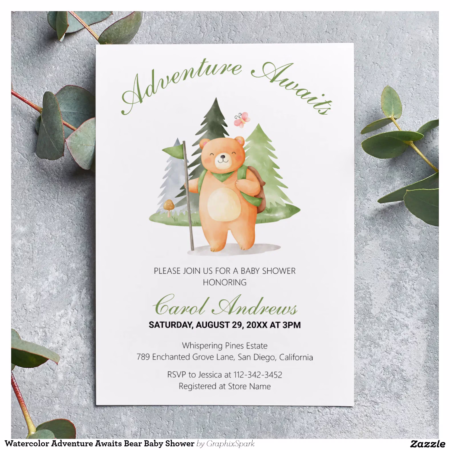 Watercolor Adventure Awaits Bear Baby Shower Invitation