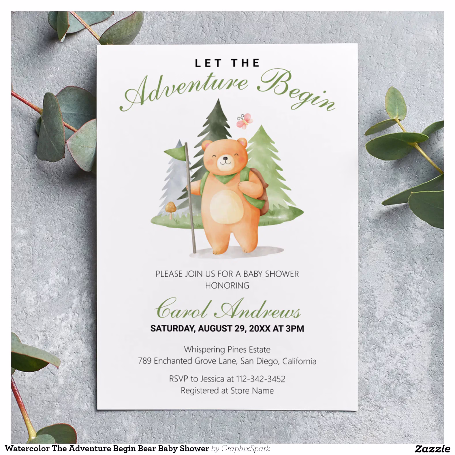 Watercolor The Adventure Begin Bear Baby Shower Invitation