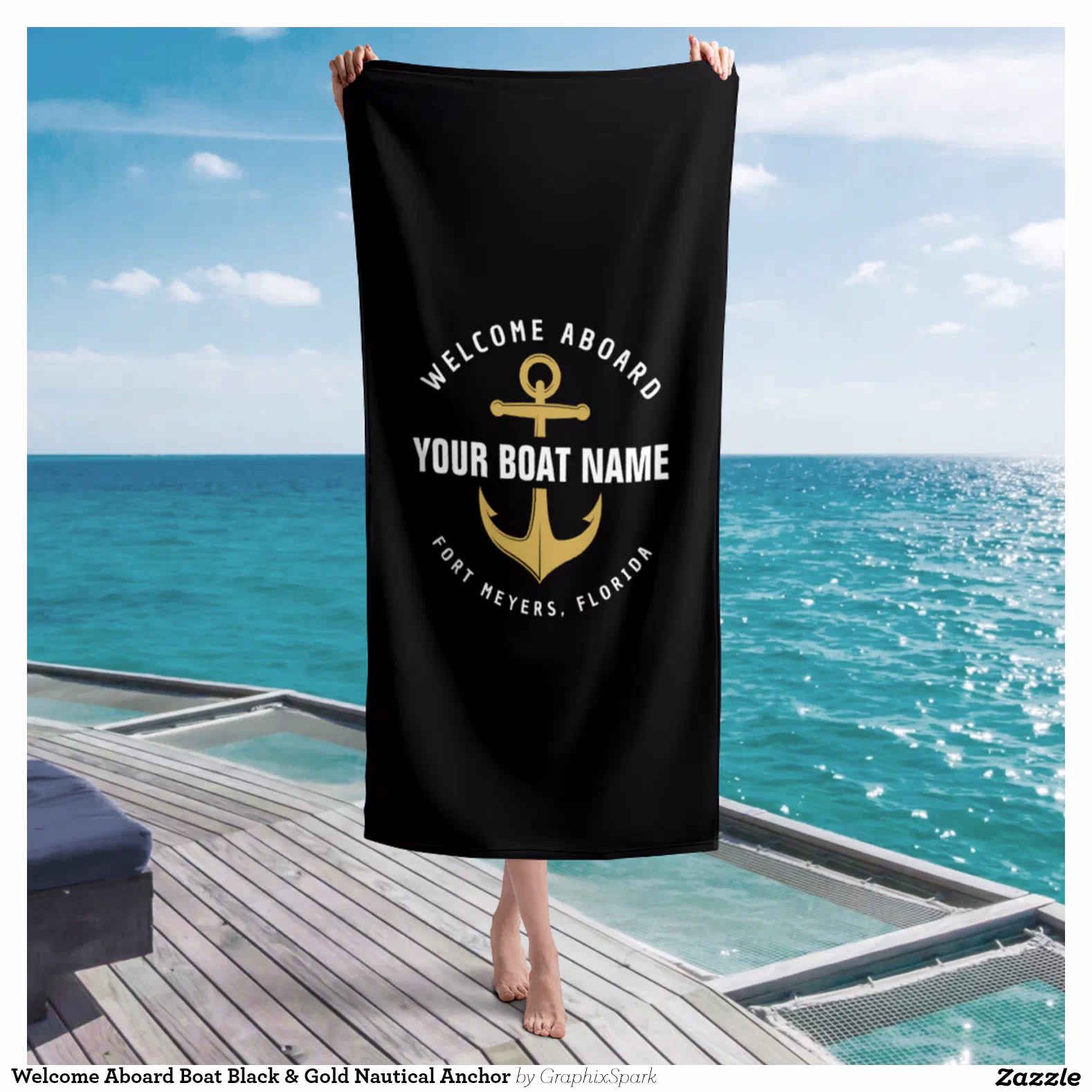 Welcome Aboard Boat Black & Gold Nautical Anchor Beach Towel