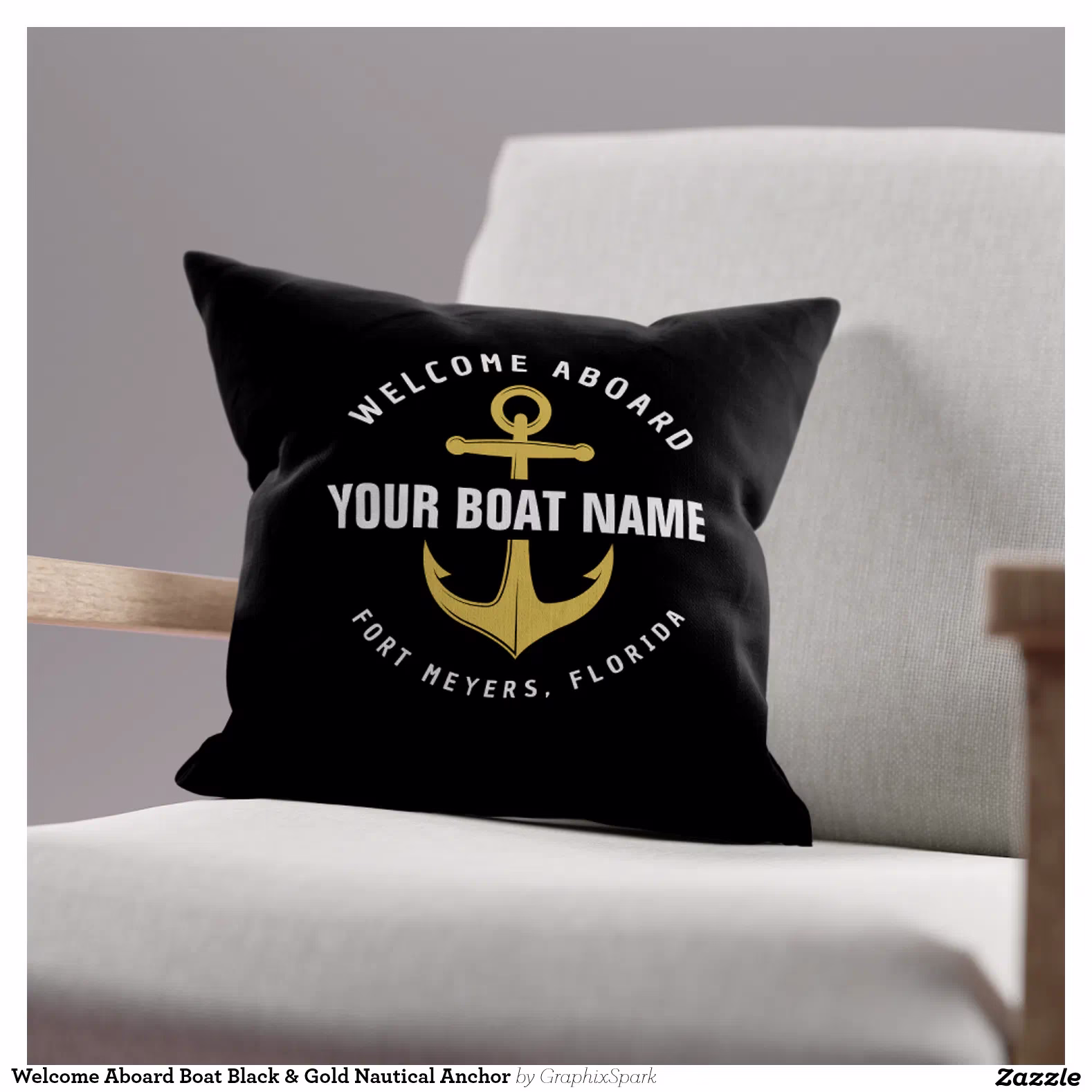 Welcome Aboard Boat Black & Gold Nautical Anchor Throw Pillow