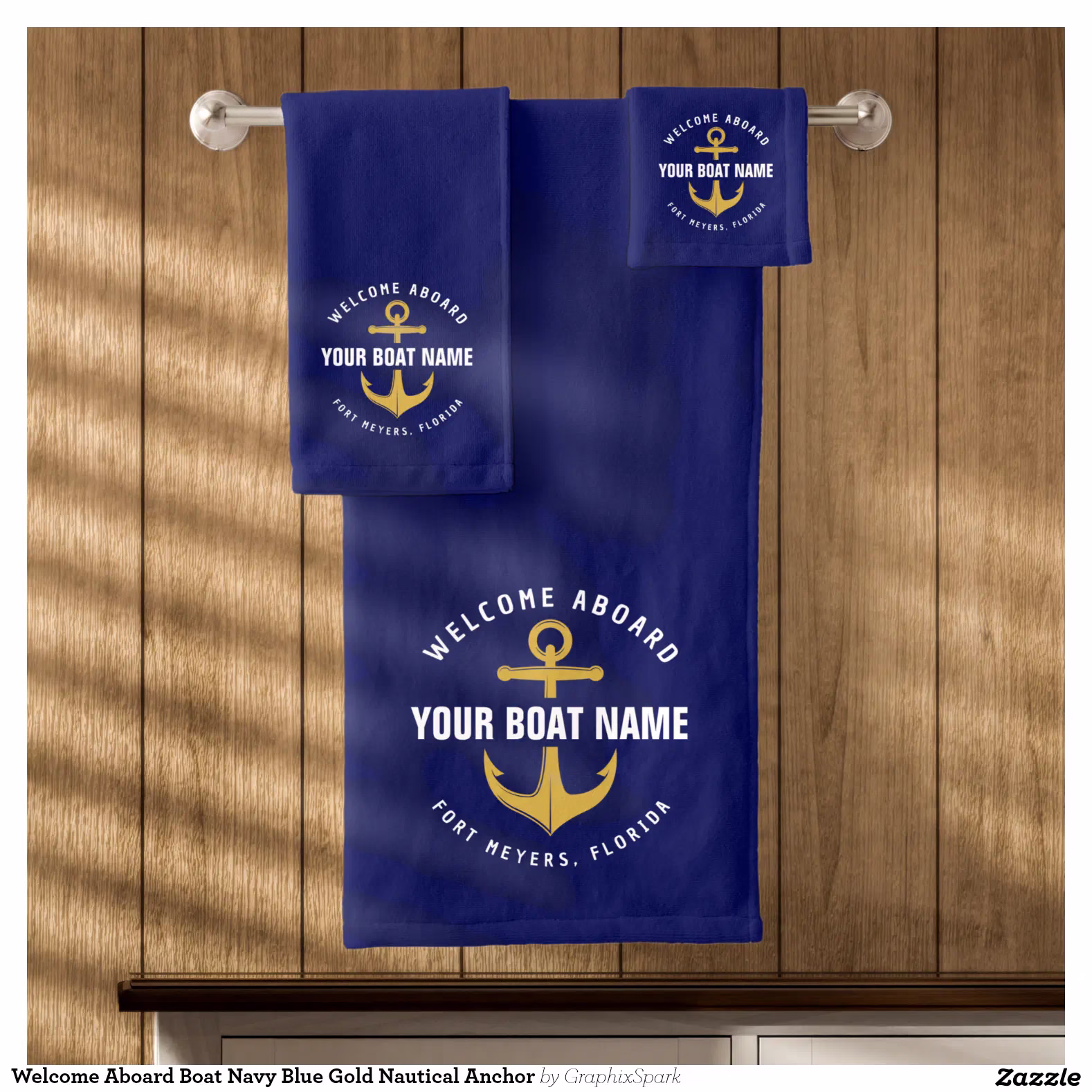Welcome Aboard Boat Navy Blue Gold Nautical Anchor Bath Towel Set