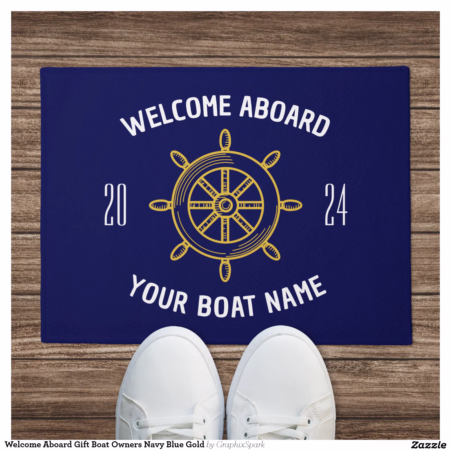 Welcome Aboard Gift Boat Owners Navy Blue Gold Doormat