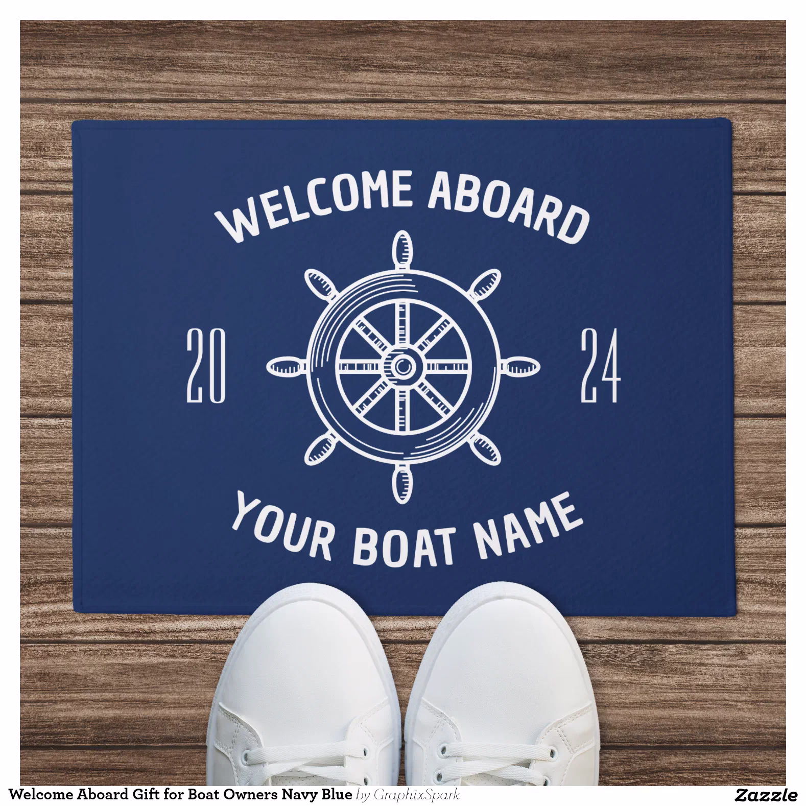 Welcome Aboard Gift for Boat Owners Navy Blue Doormat