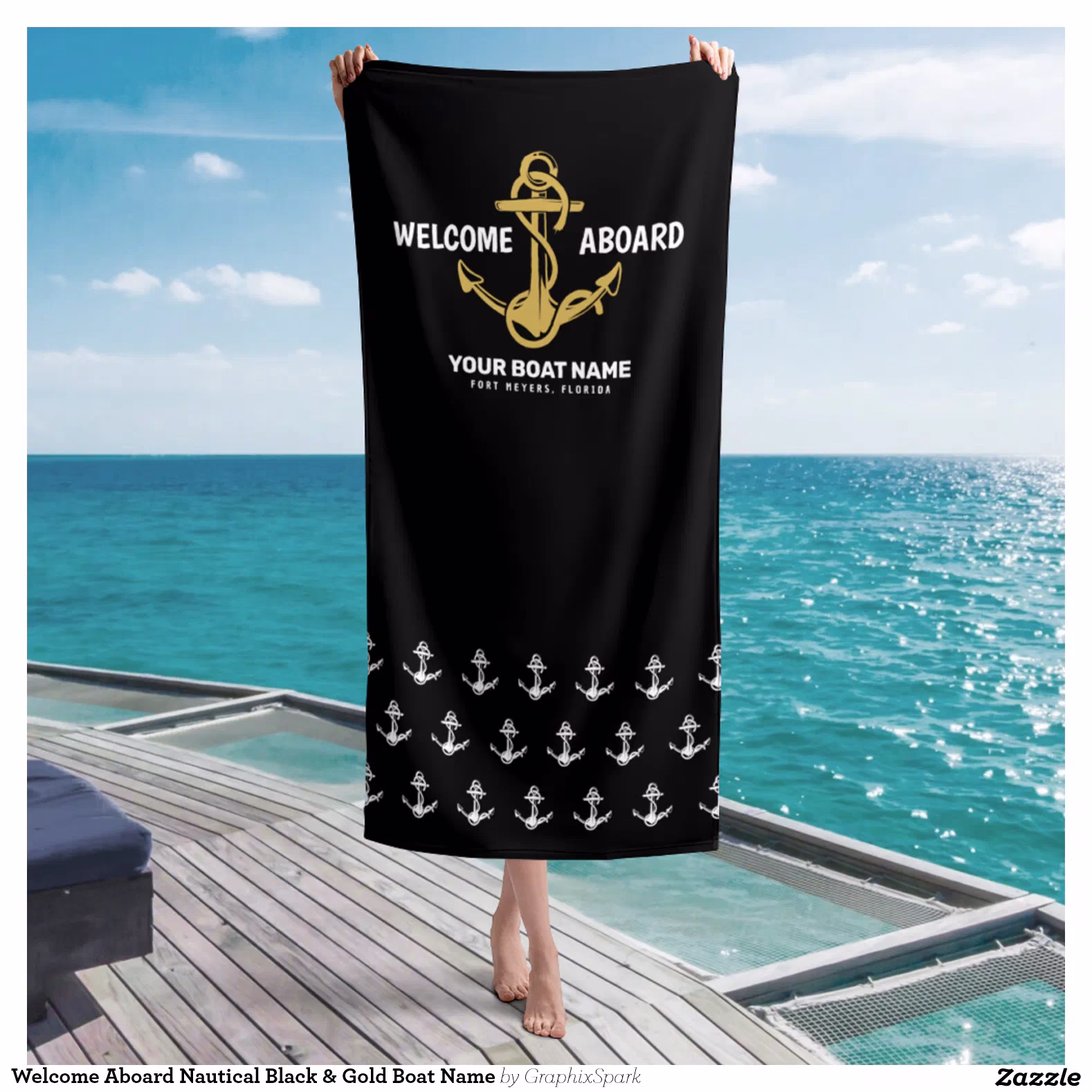 Welcome Aboard Nautical Black & Gold Boat Name Beach Towel