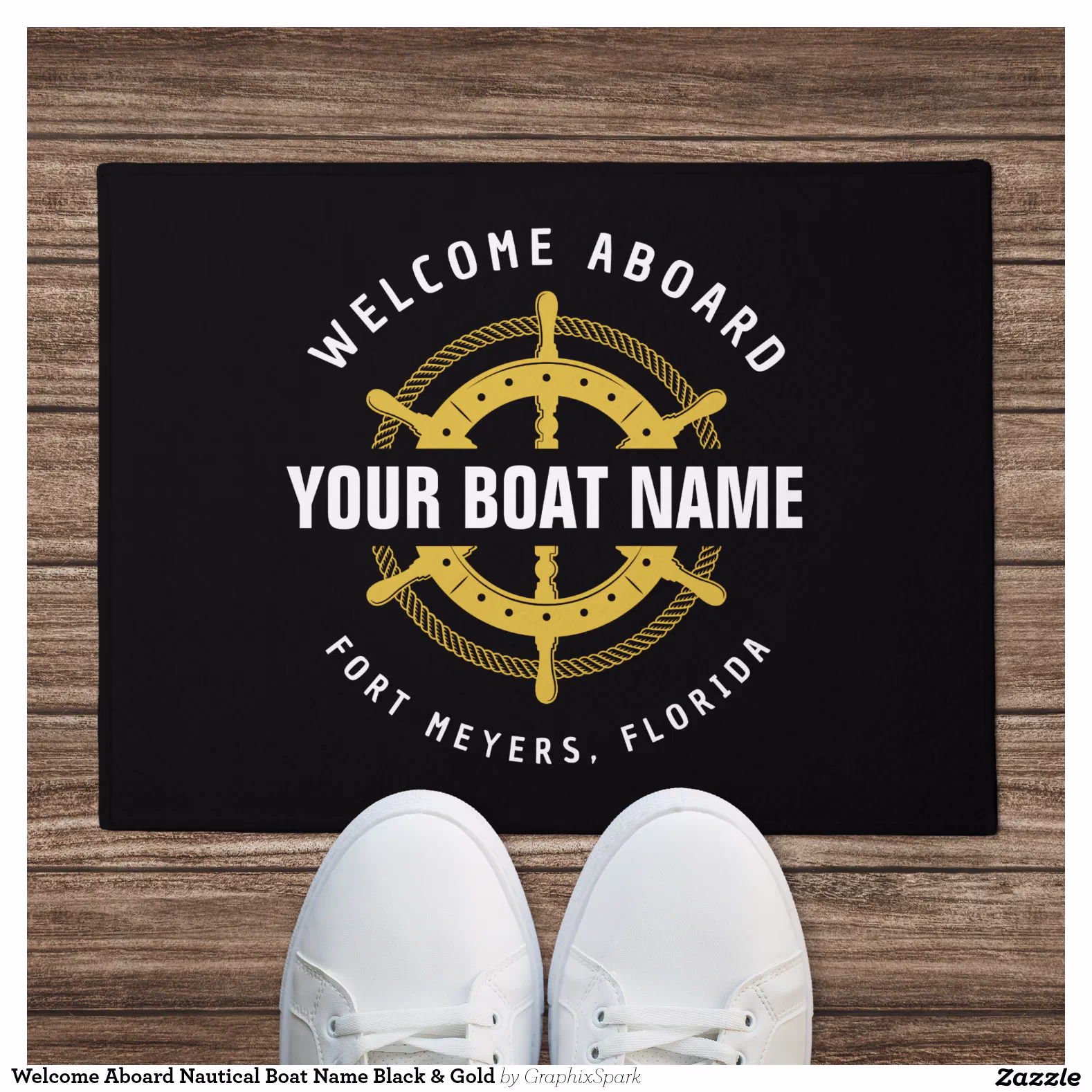 Welcome Aboard Nautical Boat Name Black & Gold Doormat
