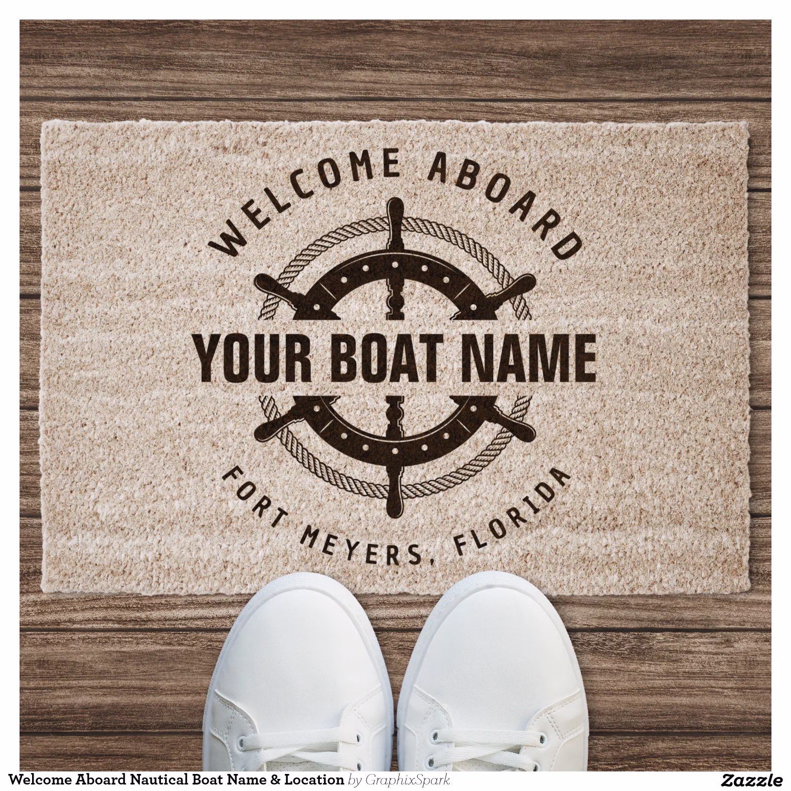 Welcome Aboard Nautical Boat Name & Location Fiber Doormat