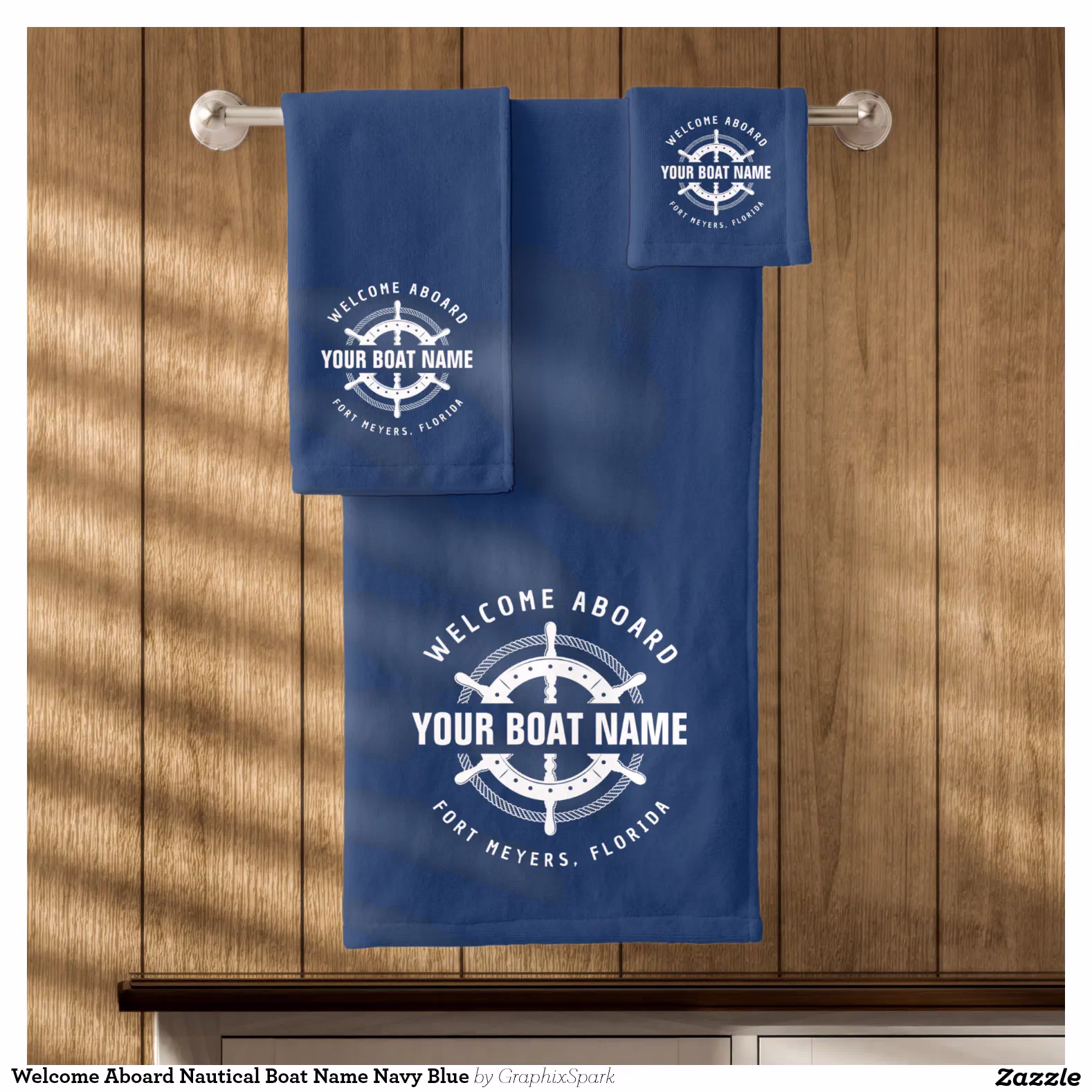 Welcome Aboard Nautical Boat Name Navy Blue Bath Towel Set