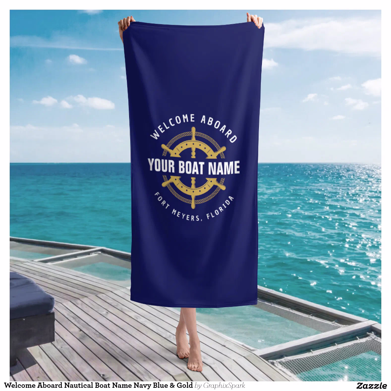 Welcome Aboard Nautical Boat Name Navy Blue & Gold Beach Towel
