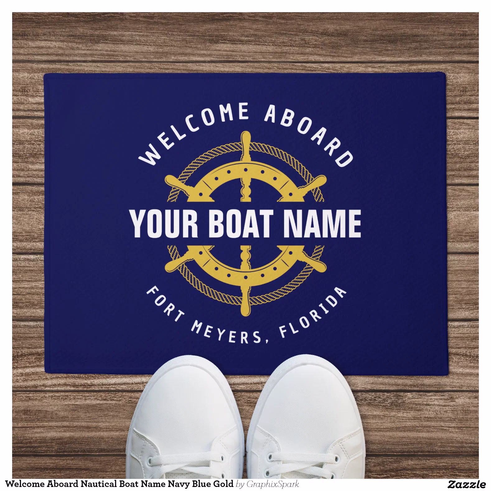 Welcome Aboard Nautical Boat Name Navy Blue Gold Doormat