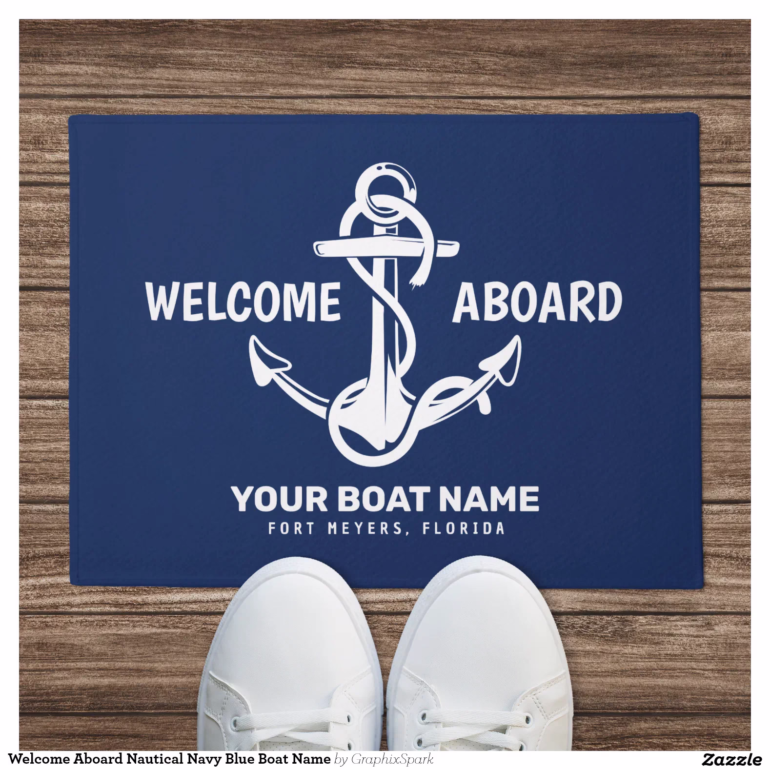 Welcome Aboard Nautical Navy Blue Boat Name Doormat