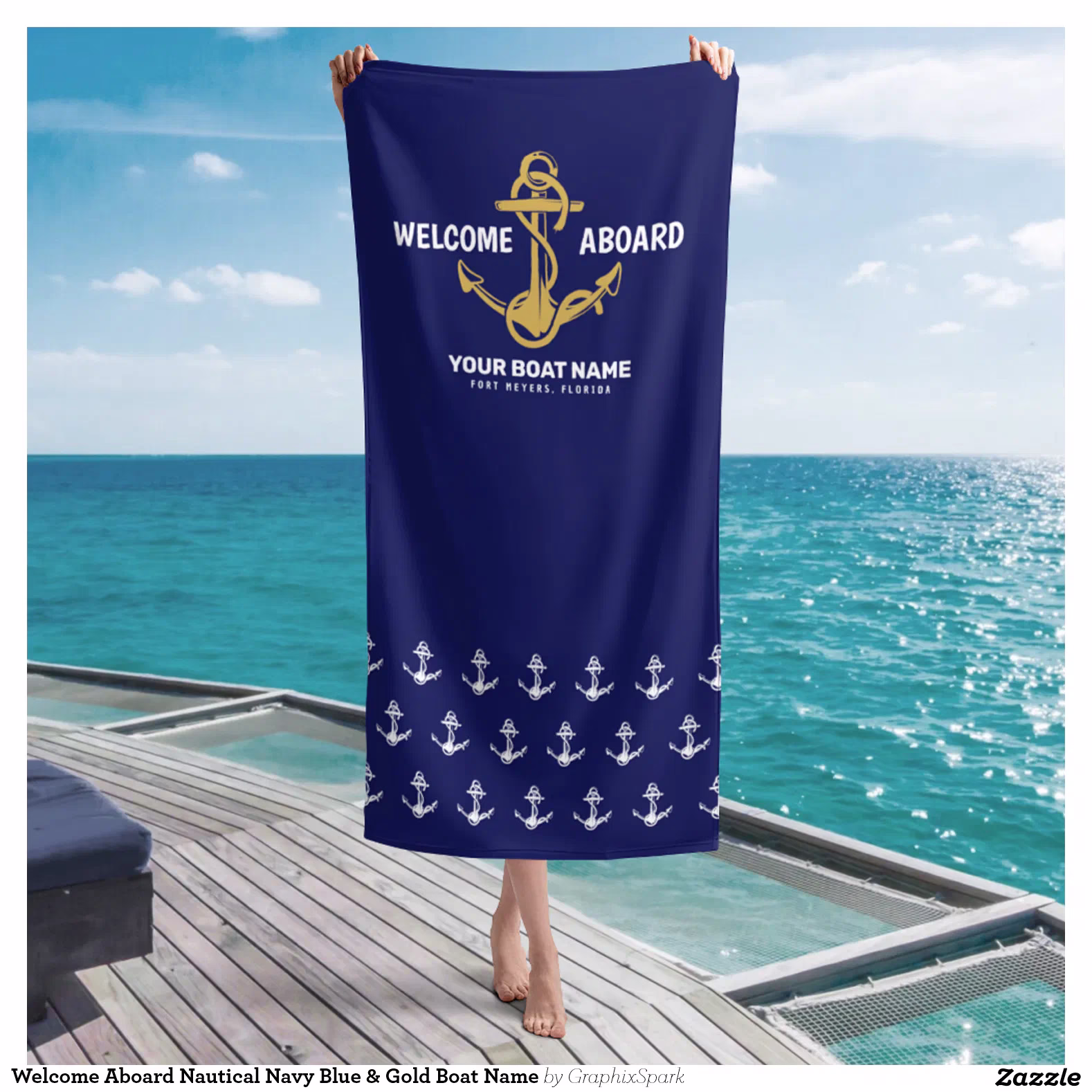 Welcome Aboard Nautical Navy Blue & Gold Boat Name Beach Towel