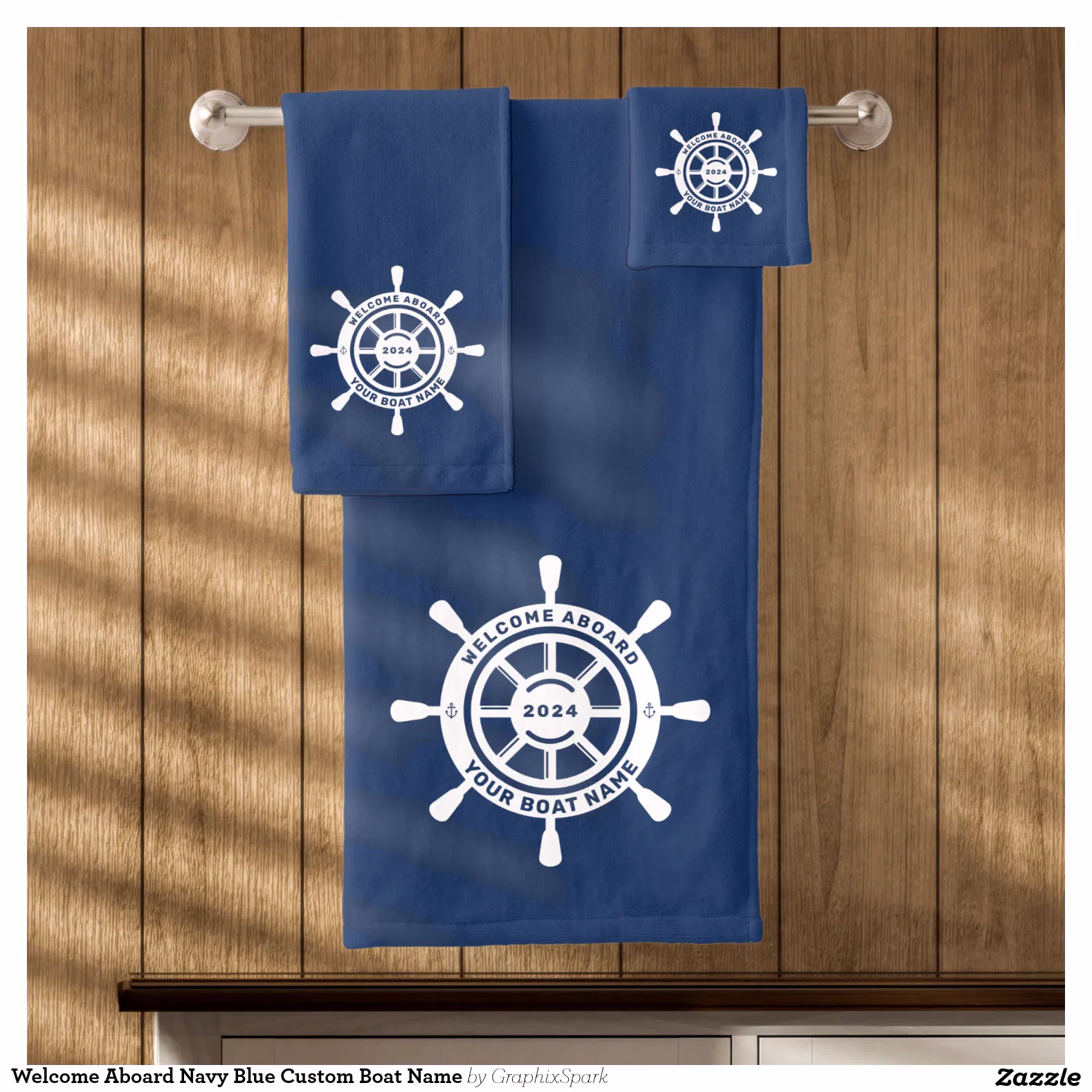 Welcome Aboard Navy Blue Custom Boat Name Bath Towel Set