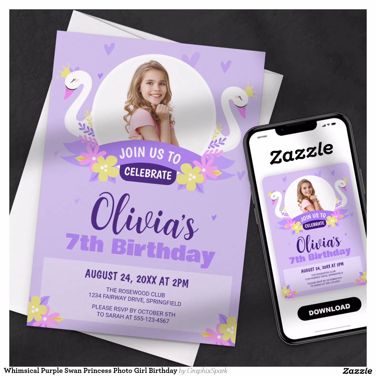 Whimsical Purple Swan Princess Photo Girl Birthday Invitation